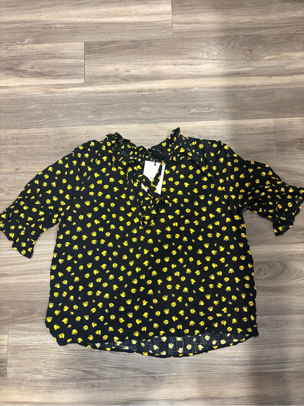 Who What Wear Black Blouse with Yellow Floral Print and Ruffle Tie Neck